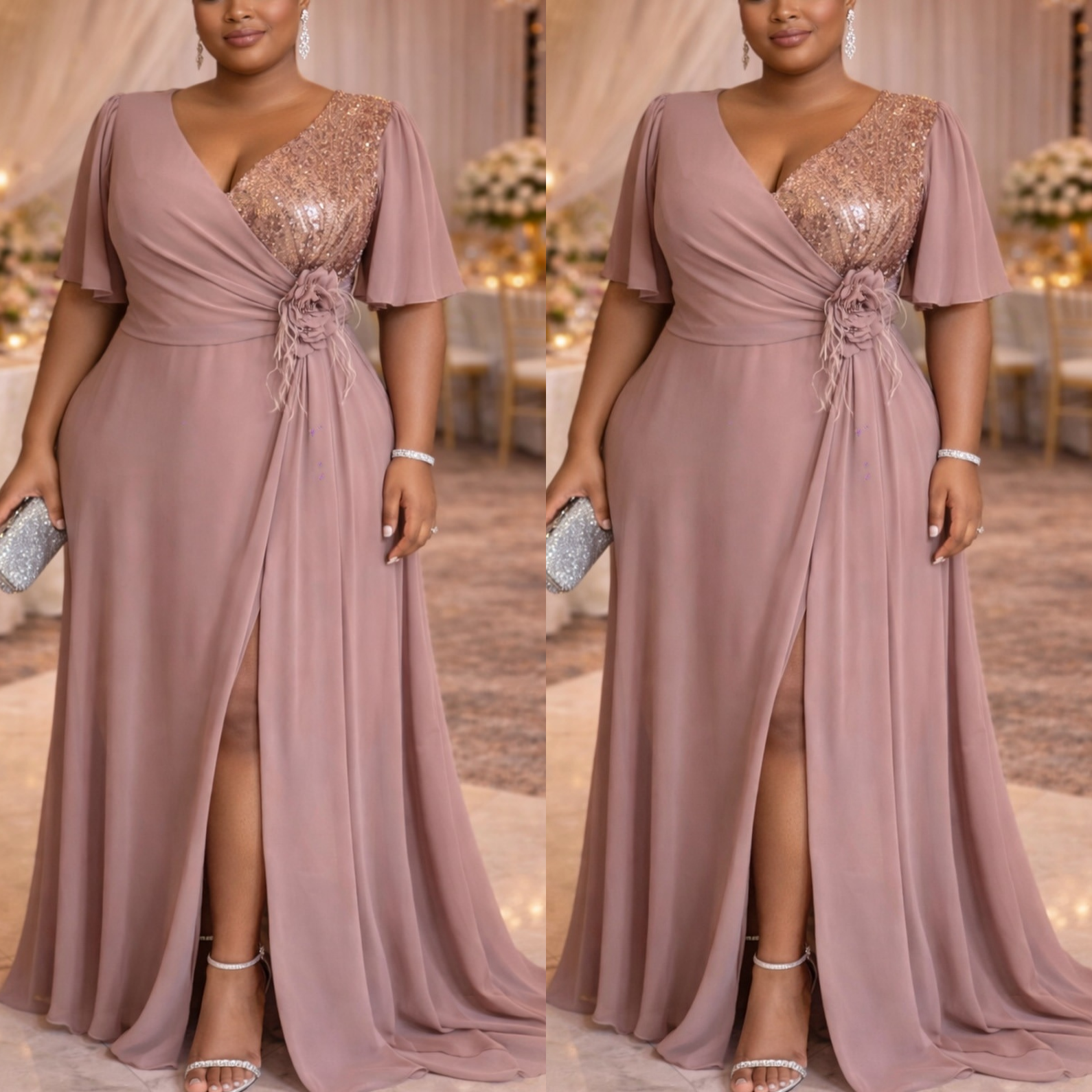 2026 Plus Size Blush Pink A-line Mother Of Bride Dresses Chiffon V-neck Flower Evening Party Mama's Dress Vintage 50's Birthday Wedding Gues