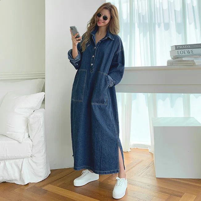 Long Dress Women Denim Dresses Turn Down Collar A Line Vestidos Maxi Mom Jeans Streetwear Casual Loose Y2k Summer 2025 Party 260126