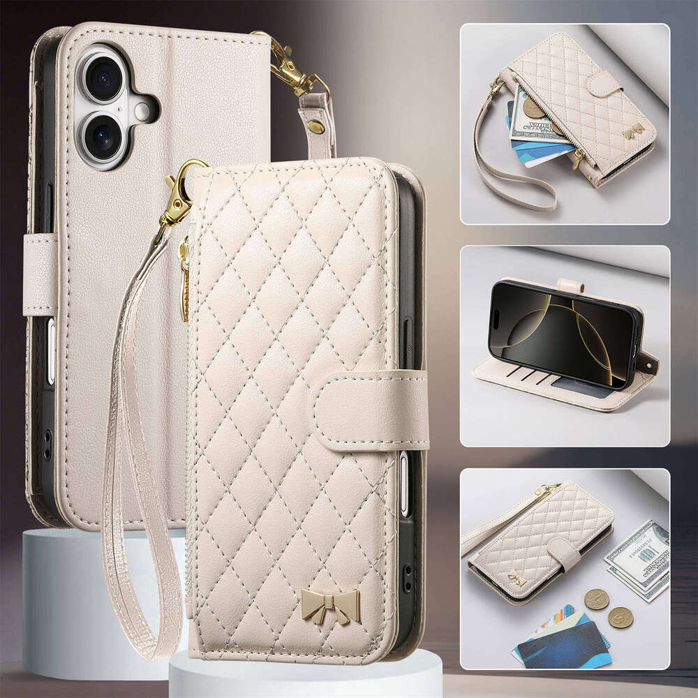 Quilted Leather Wallet Phone Case for iPhone 17/16/15 | Wristlet, Card Slots & Zipper Pocket