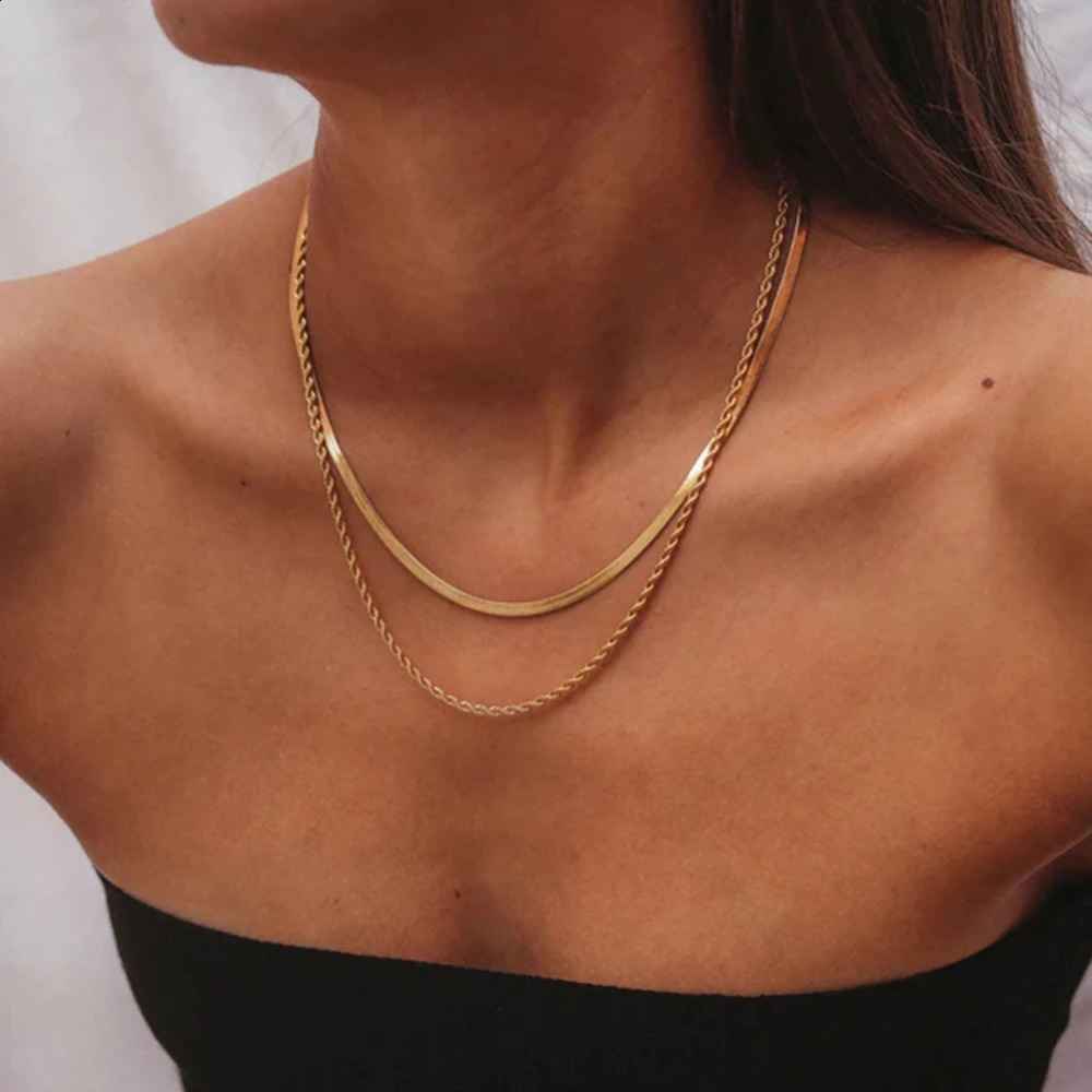 Uworld Simple Jewelry 18K Gold Plated Flat Snake Chain Layer Necklace Stainless Steel Snake Rope Chain Necklace Gift 260202