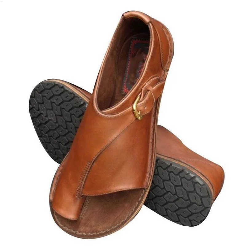 Women Sandals Summer Shoes for Retro PU Leather Peep Toe Slipper Beach Buckle Strap Flat Sandalias De Mujer 260313