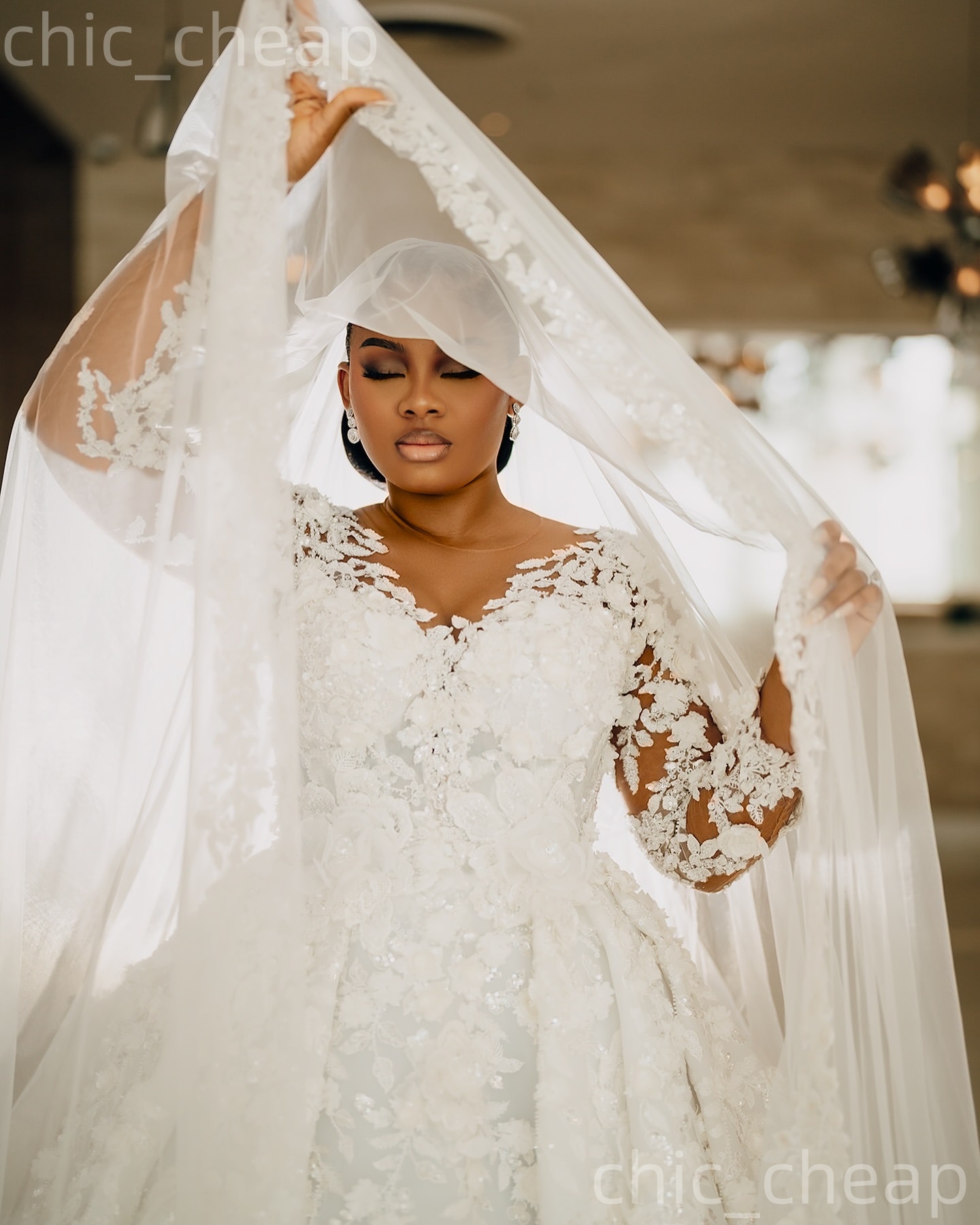 African Aso Ebi 2026 Ivory Ball Gown Wedding Dress Sheer Neck Appliques Full Sleeves Tulle Vintage Charming Bridal Gowns Dresses ZJ2334