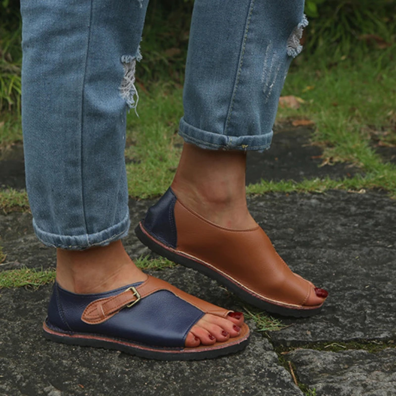 Women Sandals Summer Shoes for Retro PU Leather Peep Toe Slipper Beach Buckle Strap Flat Sandalias De Mujer 260313