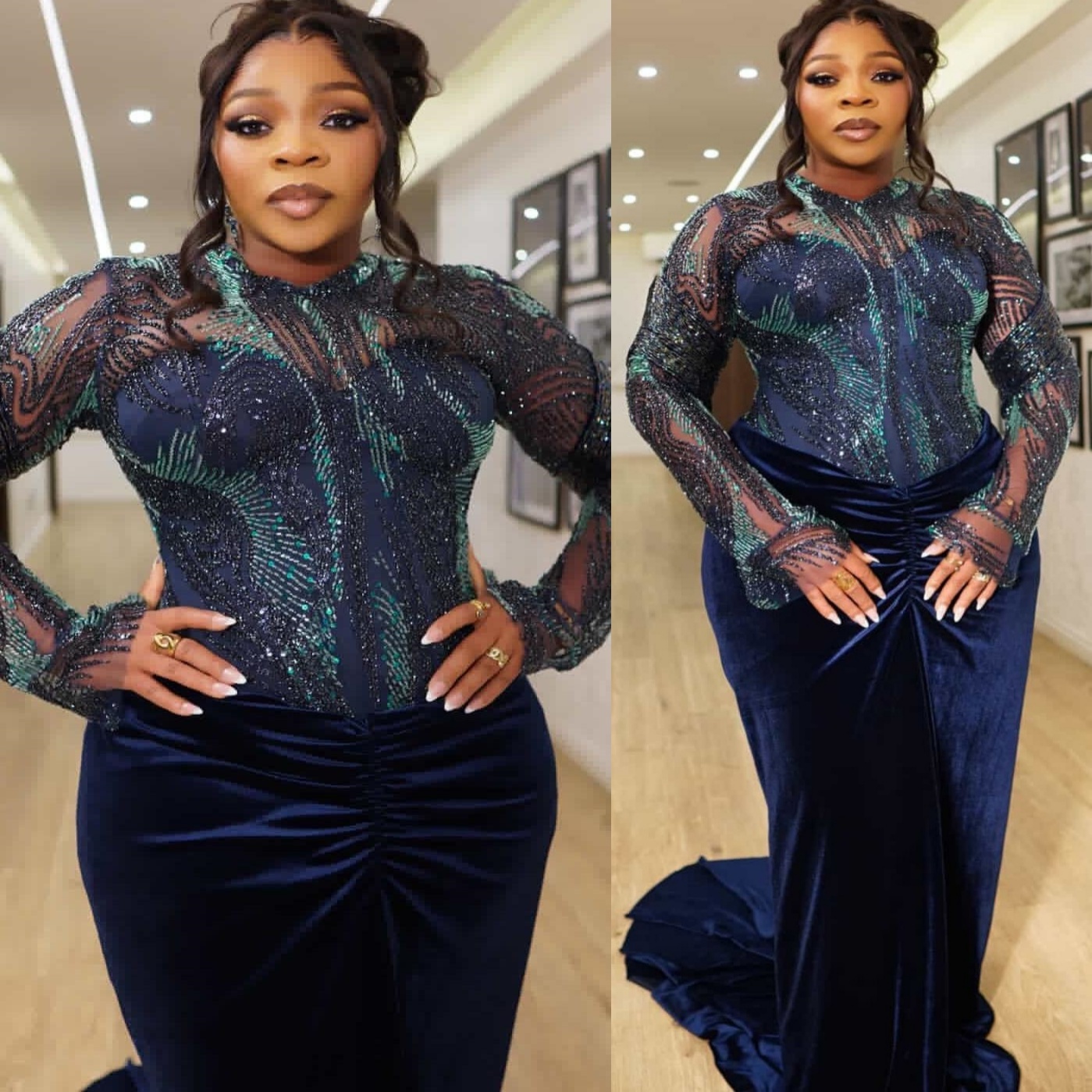 Aso Ebi Navy Blue Mermaid Prom Dresses 2026 Sequined Velvet Full Sleeves Evening Formal Party Second Birthday Engagement Gowns Dress For Special Occas