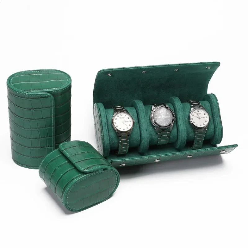 Green Leather Watch Box 3 Slots Alligator Pattern Watch Case Storage Boxes Travel Roll Portable Watches Organizer Display Stand 260206