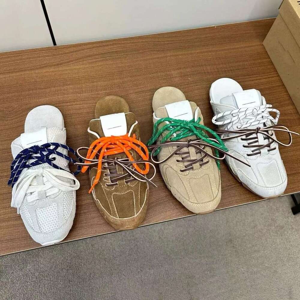 Top quality brown Nubuck Leather Lace-up Casual mules clogs sneaker shoes Flat Slides slippers sandals Beach shoes Luxury designer shoe woman slides Vacation shoes