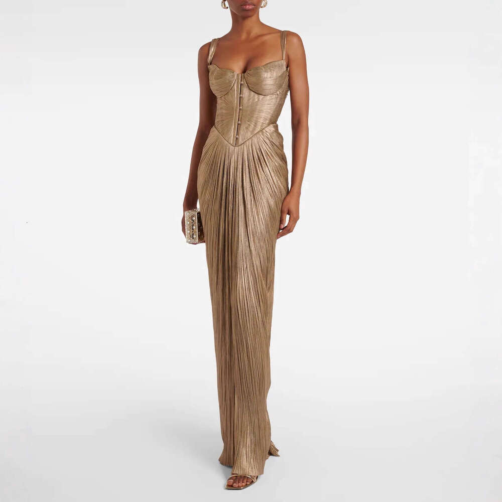 2026 European and American New Style Pleated Gold-Embossed Tie-Waist Dress INS Casual Party Slit Women's Gown