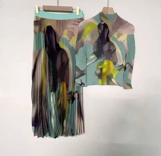 Miyake Pleated Suit Slim Western Print Stand Collar Long Sleeve TopLoose Casual Party two pieces women skirt set 240814