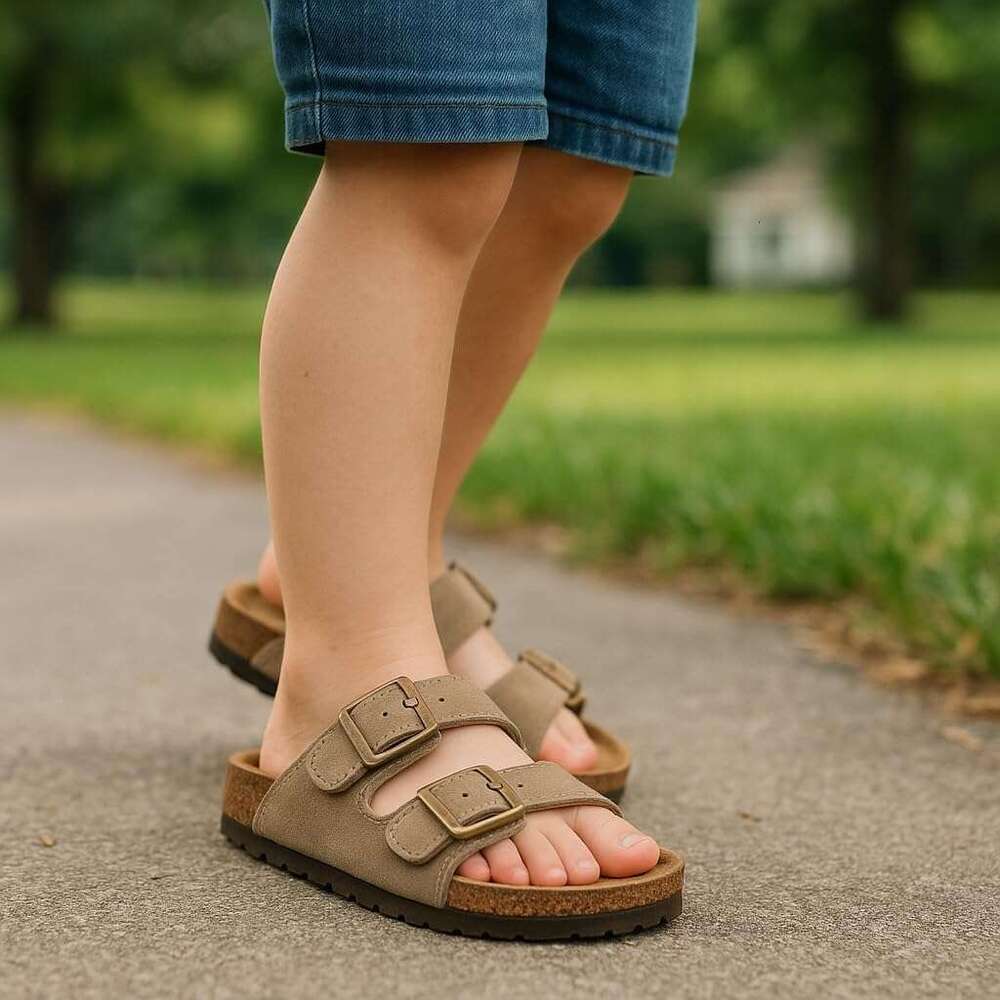 100% Genuine Leather Natural Cork Footbed Non-Slip Slides For Kids Lightweight - Water-Resistant Girls & Boys Sandals