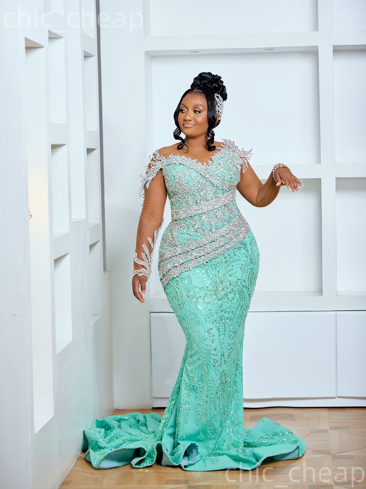 Aso Ebi Mint Mermaid Prom Dresses 2026 Beaded Crystals Sheer Neck Sparkly Evening Formal Party Second Birthday Engagement Gowns Dress For Special Occa