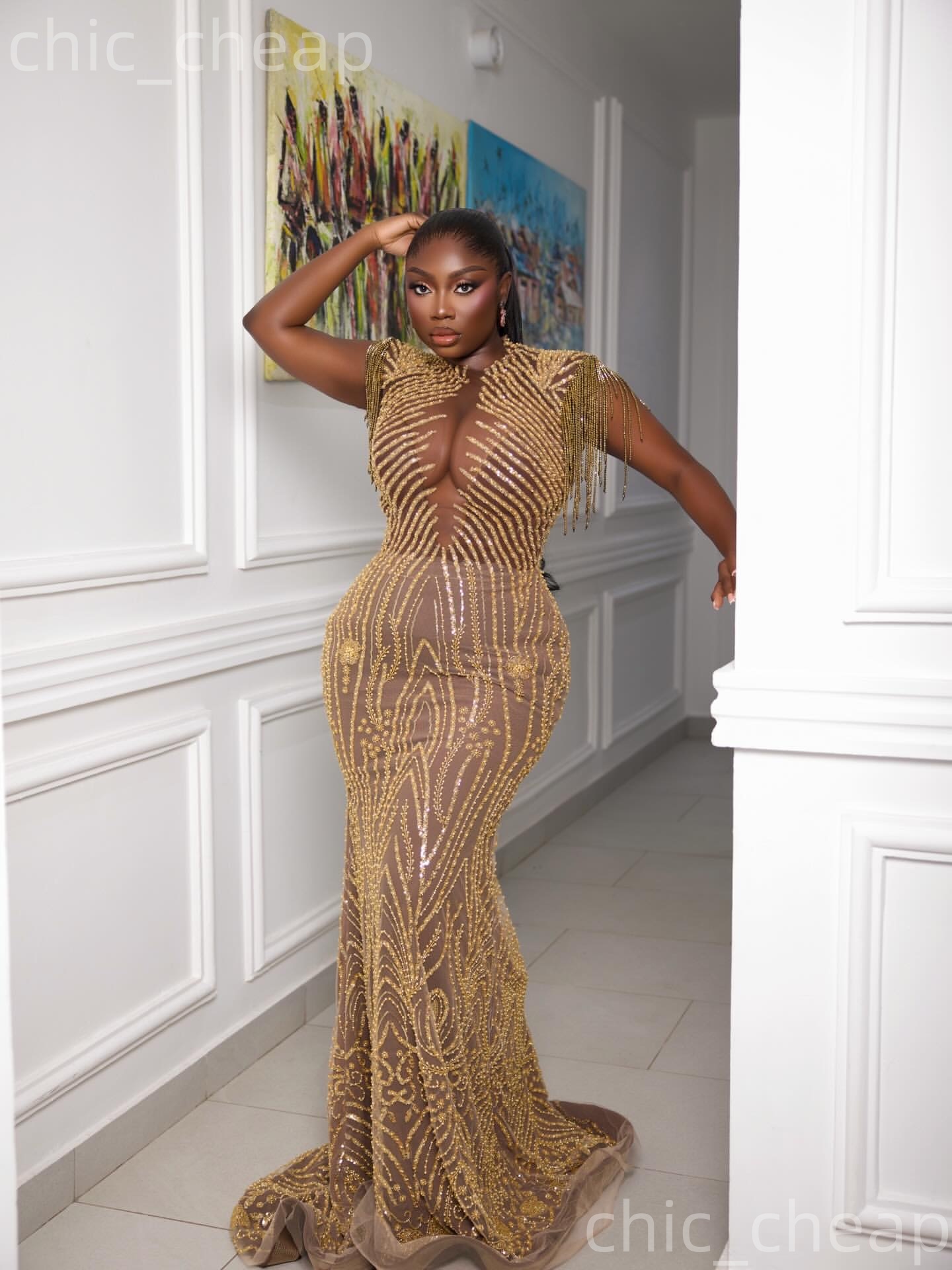 Aso Ebi Gold Mermaid Prom Dresses 2026 Illusion Beadings Sheer Neck Evening Formal Party Second Birthday Engagement Gowns Dress For Special Occasions