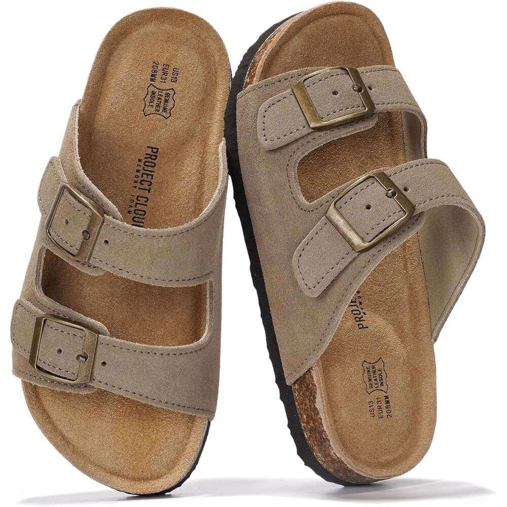 100% Genuine Leather Natural Cork Footbed Non-Slip Slides For Kids Lightweight - Water-Resistant Girls & Boys Sandals