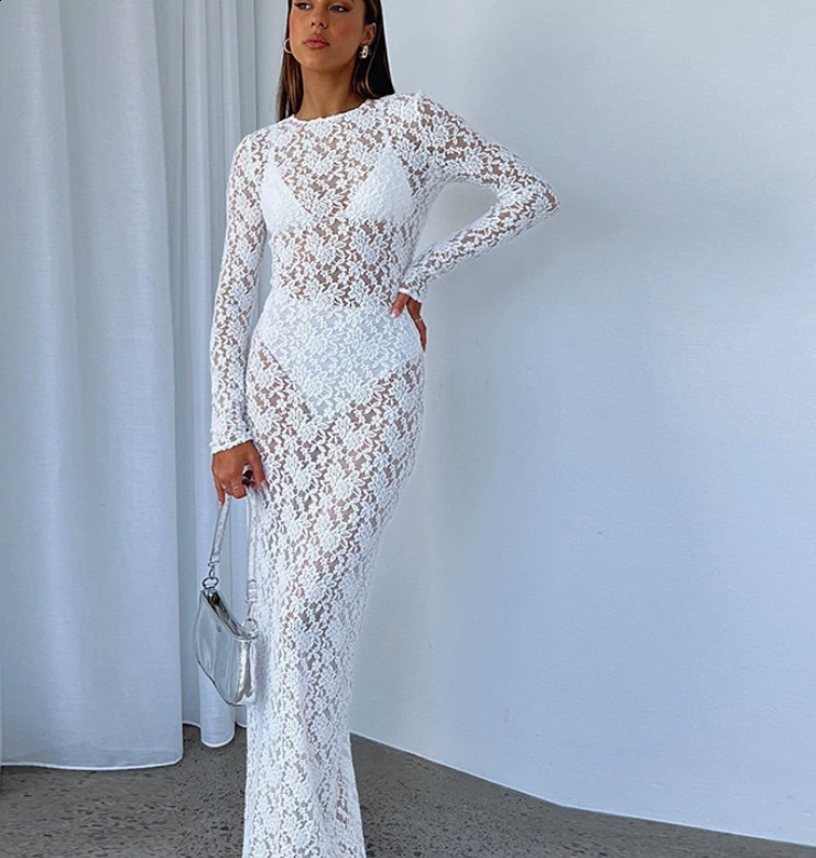 Elegant White Knitted Crochet Long Dresses Women Hollow Out Sleeveless Backless Sling Vestidos Summer Evening Party Robe 240809