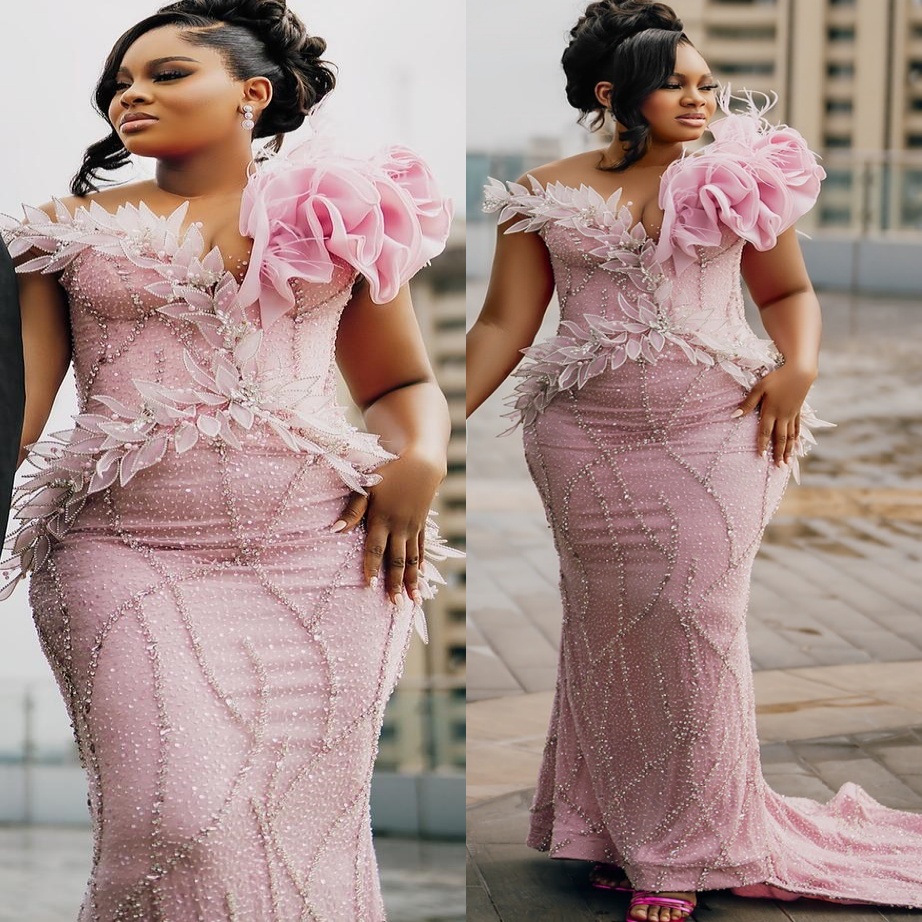 Aso Ebi Pink Mermaid Prom Dresses 2026 Beaded Crystals Florals Sheer Neck Evening Formal Party Second Birthday Engagement Gowns Dress For Special Occa