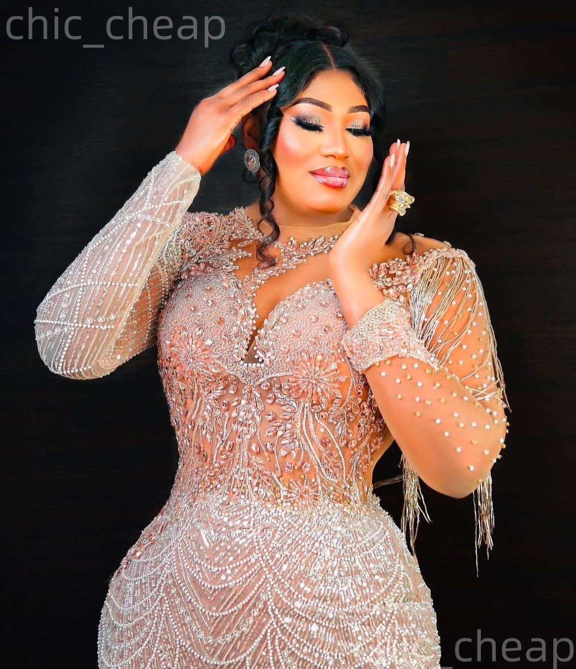 Aso Ebi Peach Mermaid Prom Dresses 2026 Beaded Crystals Sheer Neck Evening Formal Party Second Birthday Engagement Gowns Dress For Special Occasions