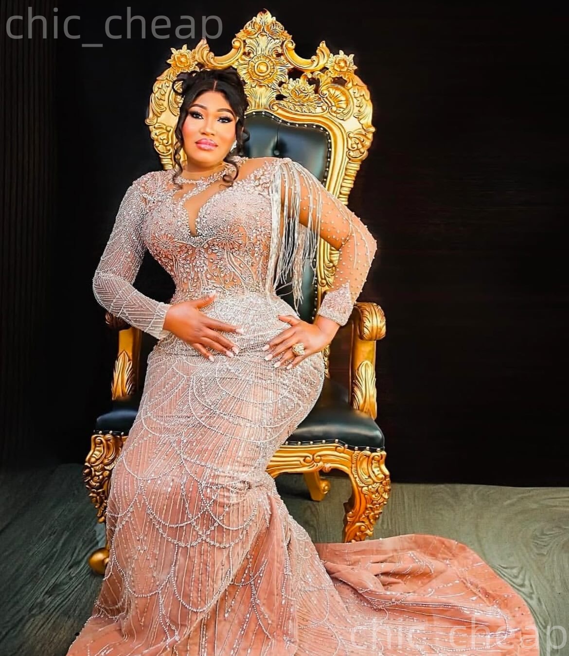 Aso Ebi Peach Mermaid Prom Dresses 2026 Beaded Crystals Sheer Neck Evening Formal Party Second Birthday Engagement Gowns Dress For Special Occasions