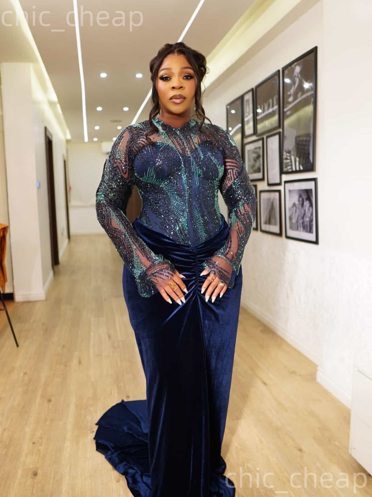 Aso Ebi Navy Blue Mermaid Prom Dresses 2026 Sequined Velvet Full Sleeves Evening Formal Party Second Birthday Engagement Gowns Dress For Special Occas