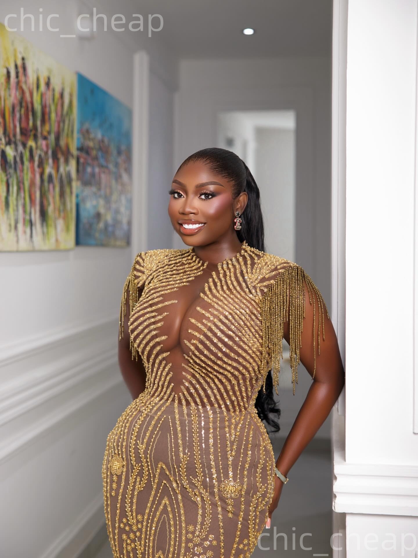 Aso Ebi Gold Mermaid Prom Dresses 2026 Illusion Beadings Sheer Neck Evening Formal Party Second Birthday Engagement Gowns Dress For Special Occasions