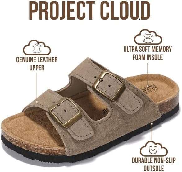 100% Genuine Leather Natural Cork Footbed Non-Slip Slides For Kids Lightweight - Water-Resistant Girls & Boys Sandals