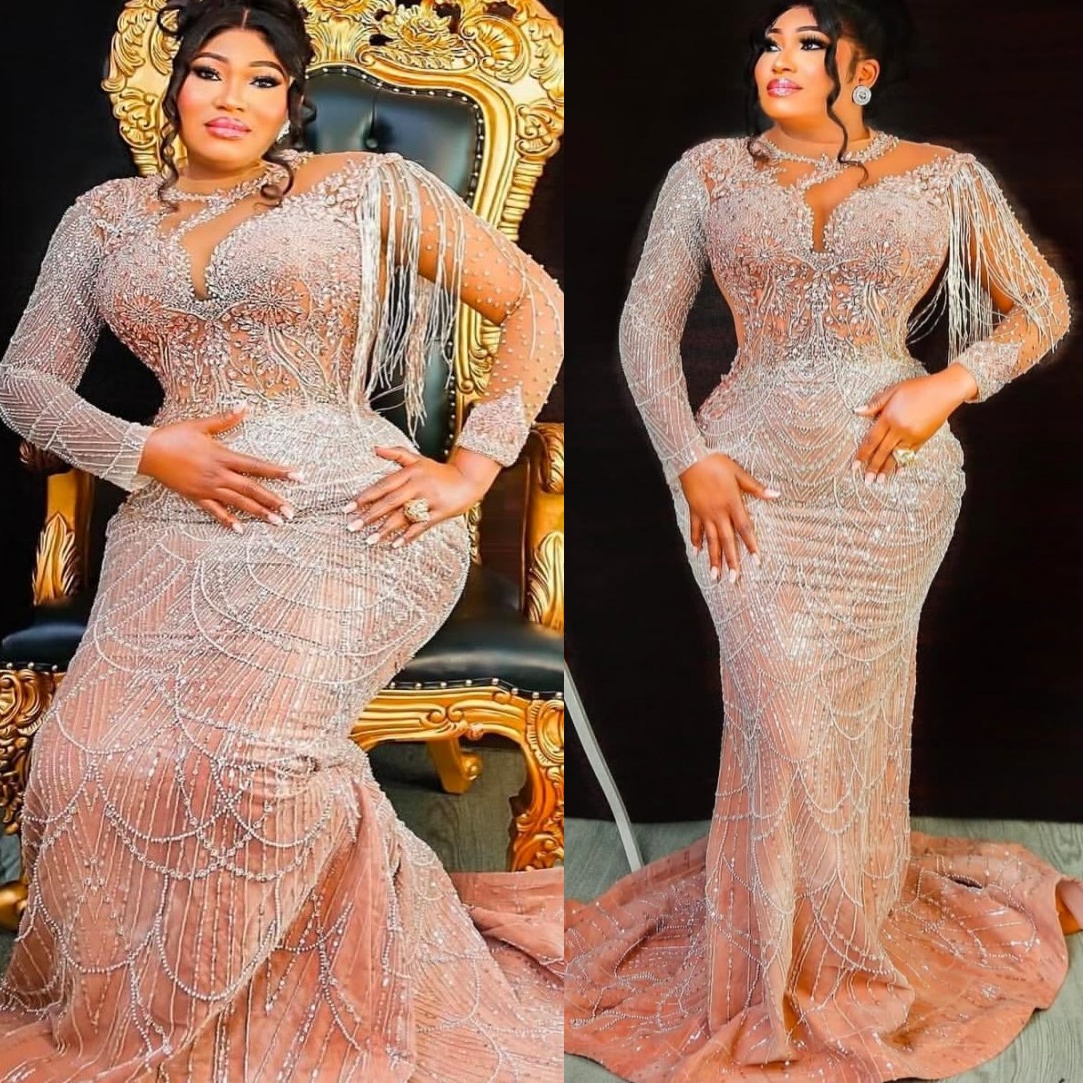 Aso Ebi Peach Mermaid Prom Dresses 2026 Beaded Crystals Sheer Neck Evening Formal Party Second Birthday Engagement Gowns Dress For Special Occasions
