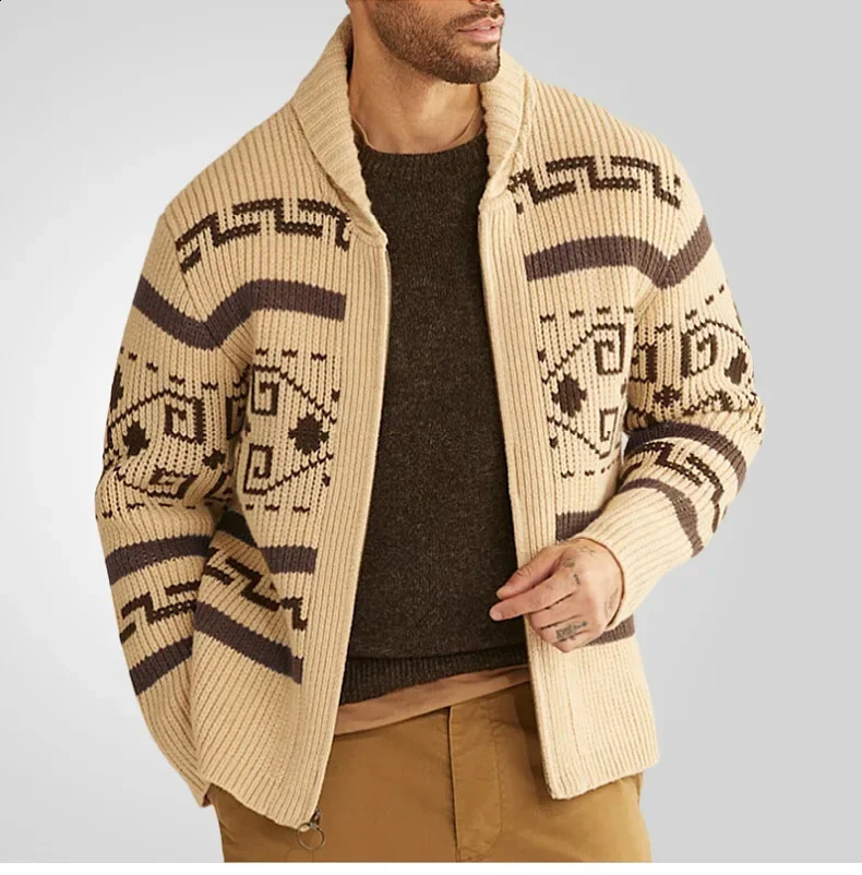 Cardigan Men Knitted Sweaters Zipper Coat Full Sleeve Turn Down Collar Print Knit Thick Slim Fit Coats Open Stitch Autumn Winter 260126