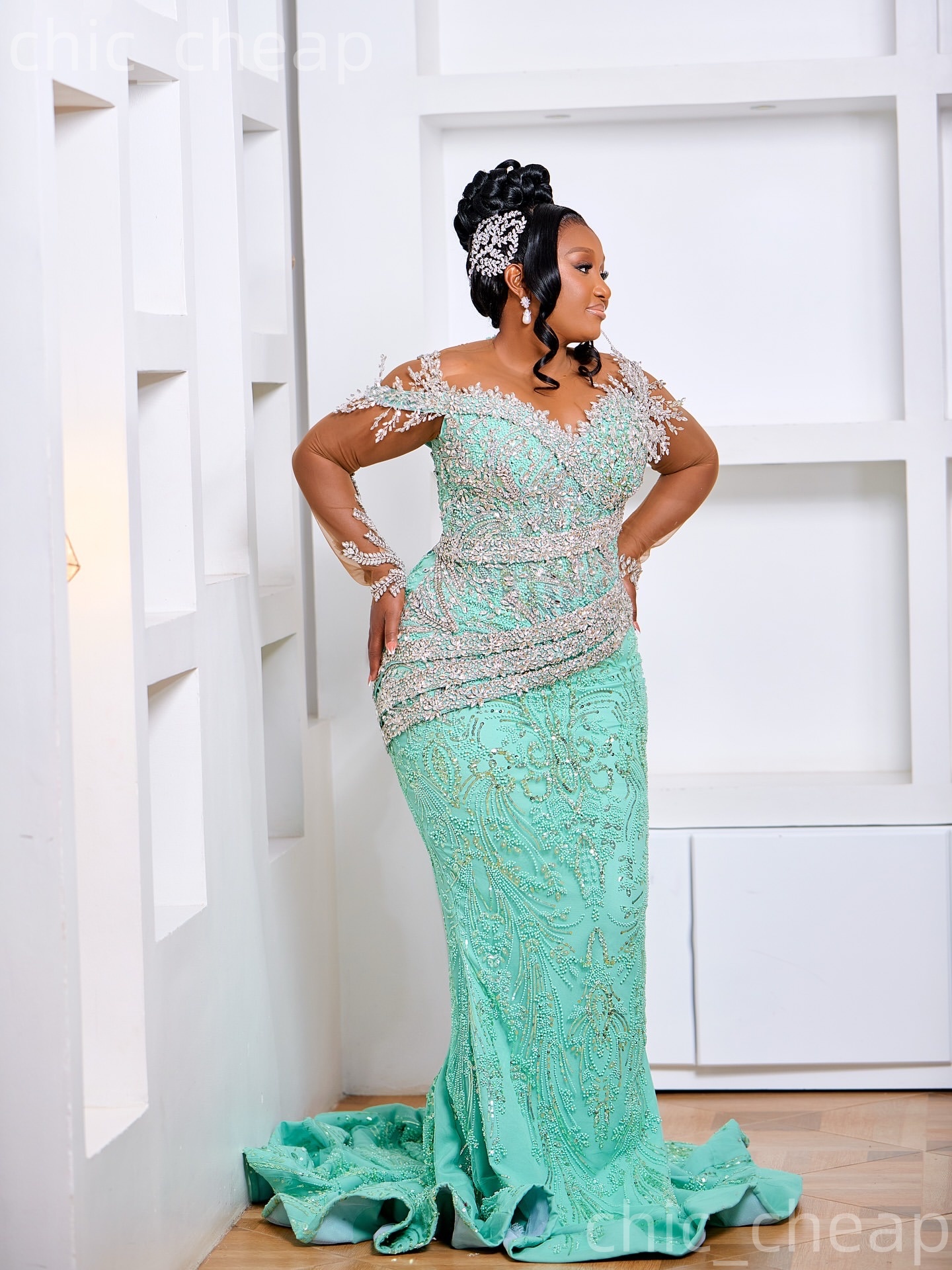 Aso Ebi Mint Mermaid Prom Dresses 2026 Beaded Crystals Sheer Neck Sparkly Evening Formal Party Second Birthday Engagement Gowns Dress For Special Occa