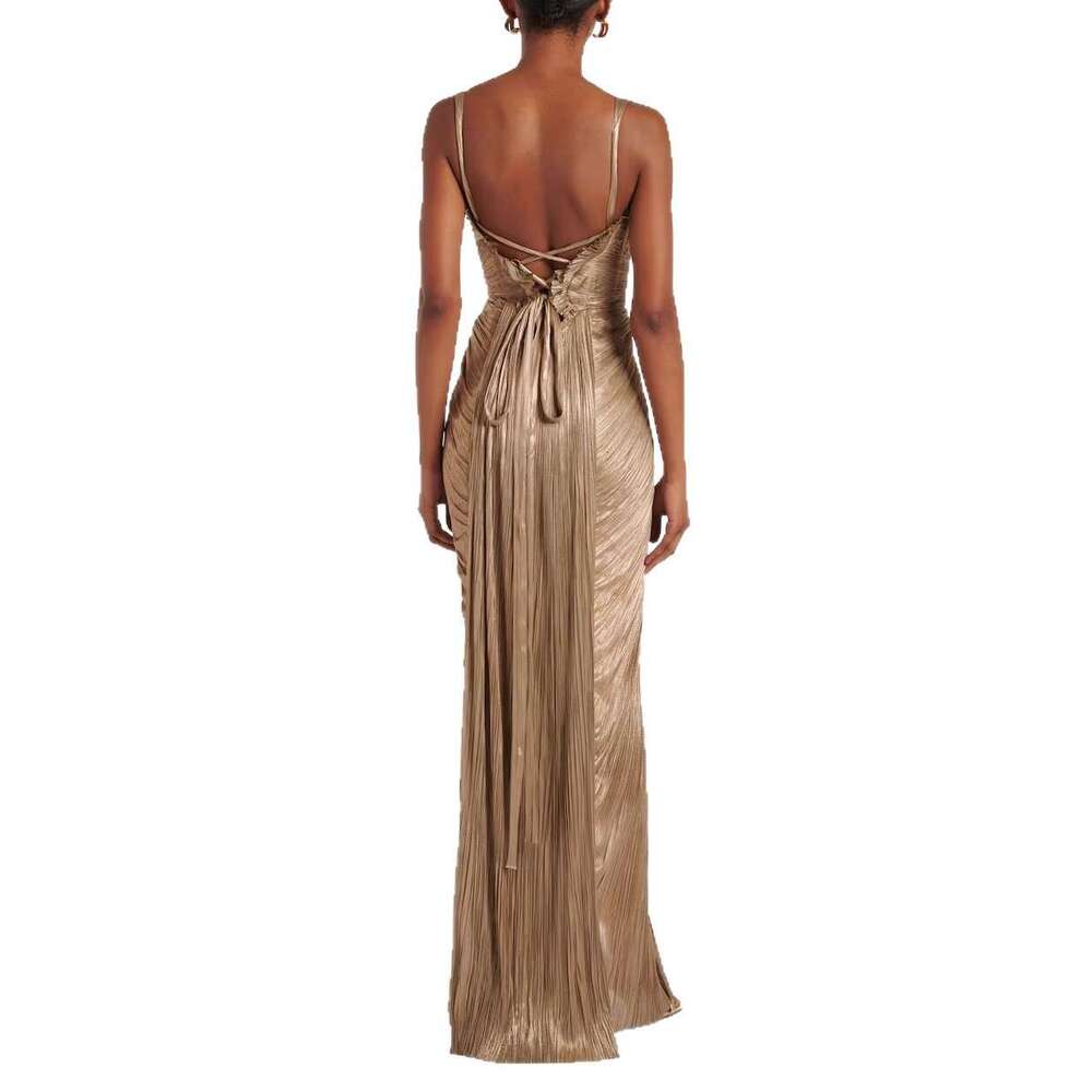 2026 European and American New Style Pleated Gold-Embossed Tie-Waist Dress INS Casual Party Slit Women's Gown