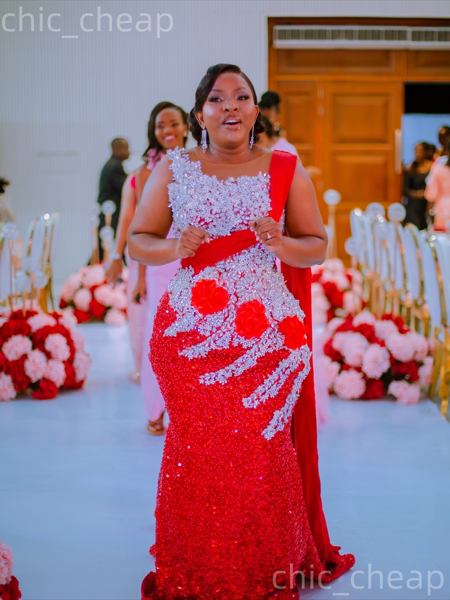 Aso Ebi Red Mermaid Prom Dresses 2026 Flowers Crystalas Sequined Sparkly Evening Formal Party Second Birthday Engagement Gowns Dress For Special Occas