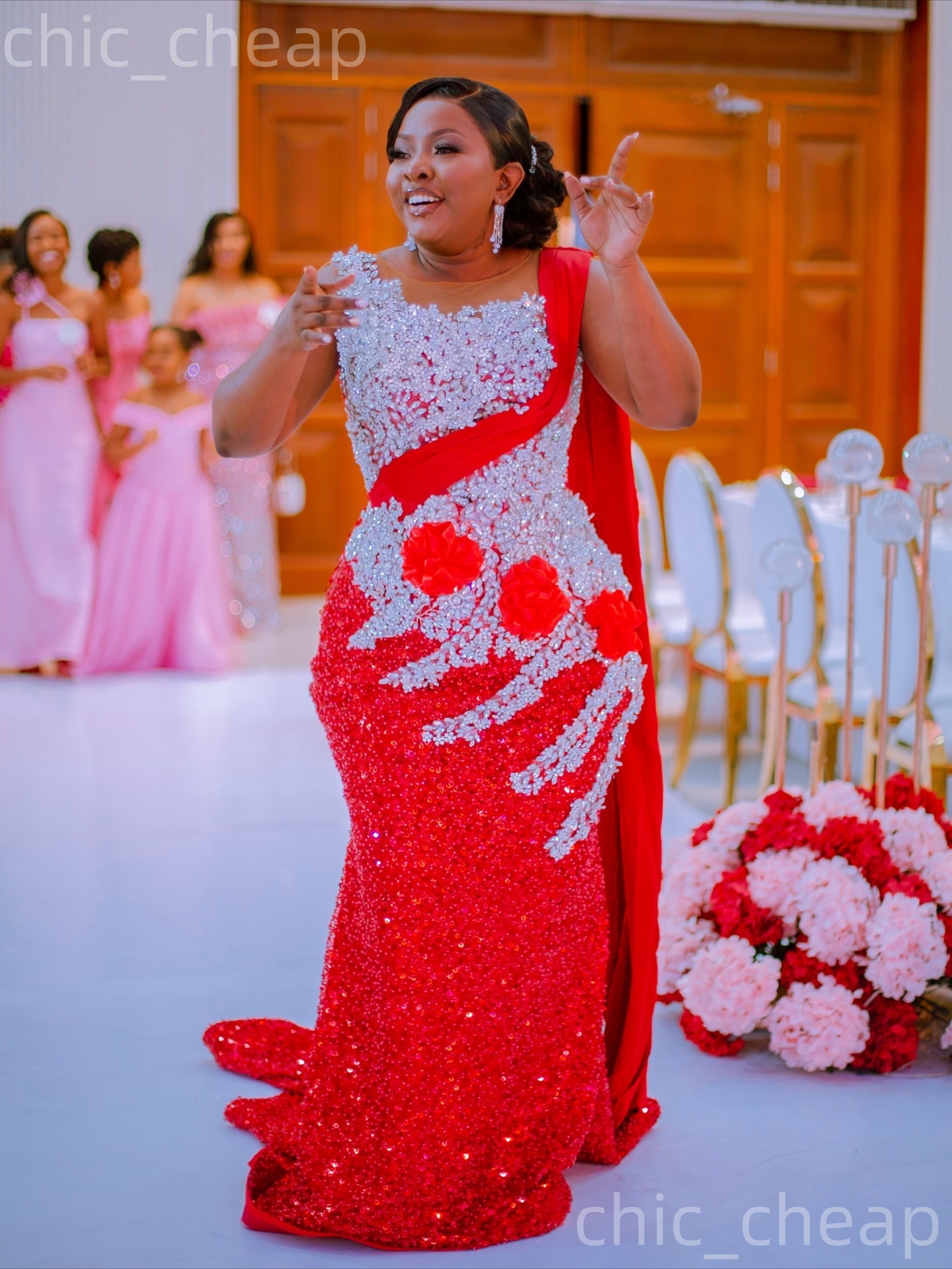 Aso Ebi Red Mermaid Prom Dresses 2026 Flowers Crystalas Sequined Sparkly Evening Formal Party Second Birthday Engagement Gowns Dress For Special Occas