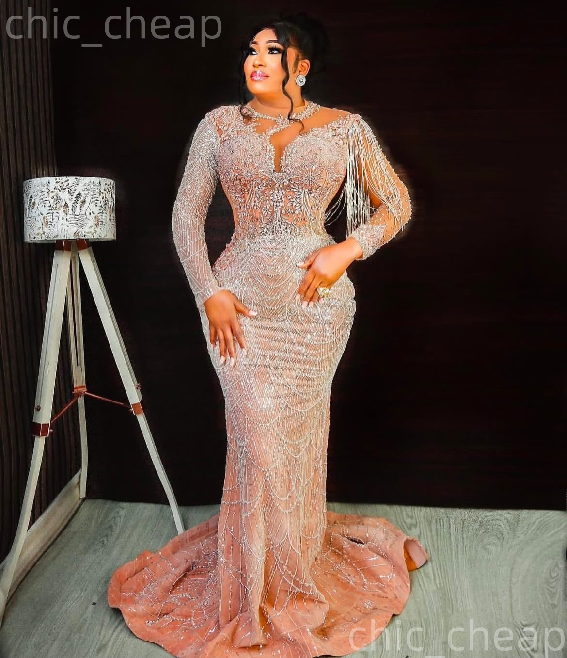 Aso Ebi Peach Mermaid Prom Dresses 2026 Beaded Crystals Sheer Neck Evening Formal Party Second Birthday Engagement Gowns Dress For Special Occasions