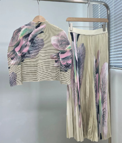 Miyake Pleated Suit Slim Western Print Stand Collar Long Sleeve TopLoose Casual Party two pieces women skirt set 240814