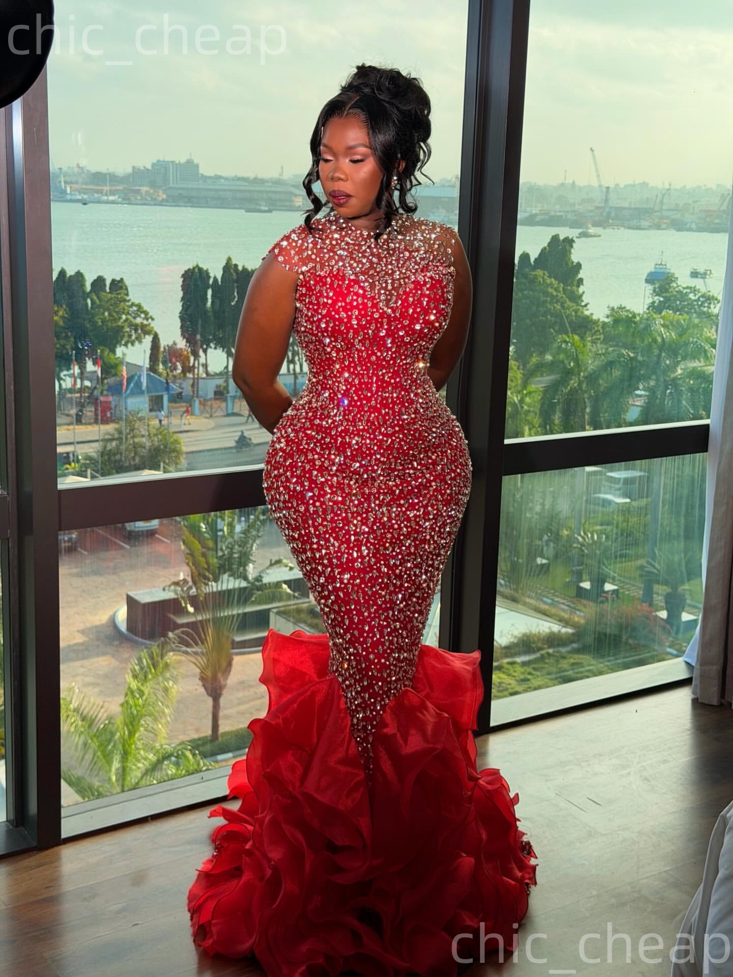Aso Ebi Red Mermaid Prom Dresses 2026 Ctystals Beaded Tiers Sheer Neck Evening Formal Party Second Birthday Engagement Gowns Dress For Special Occasio