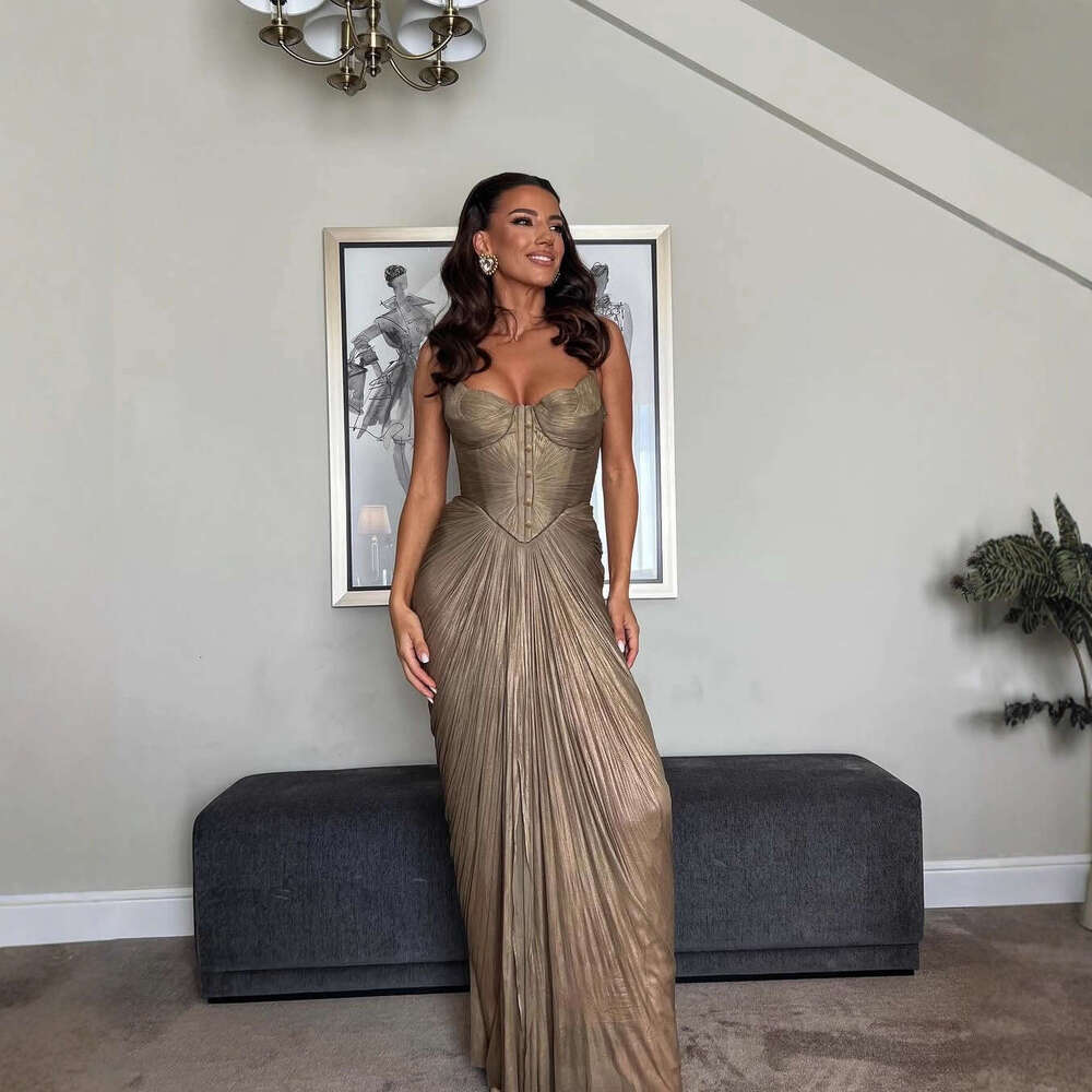 2026 European and American New Style Pleated Gold-Embossed Tie-Waist Dress INS Casual Party Slit Women's Gown