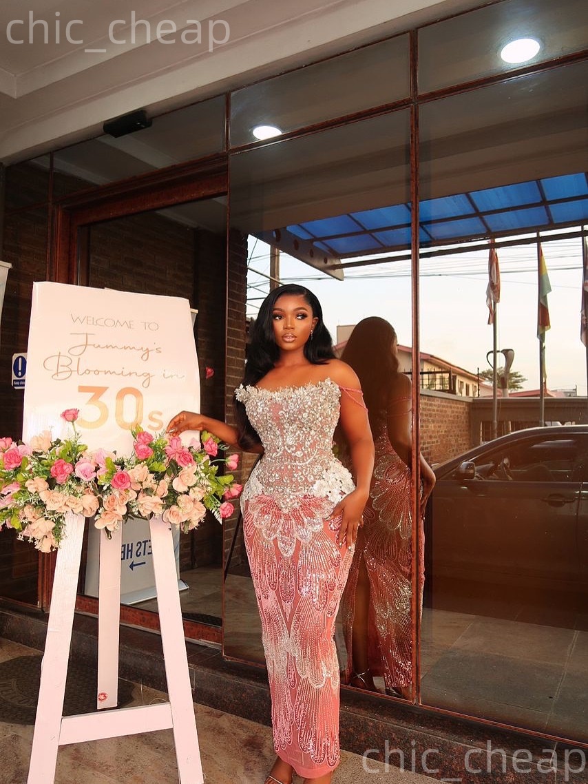 Aso Ebi Pink Sheath Prom Dresses 2026 Crystals Flowers Sequined Evening Formal Party Second Birthday Engagement Gowns Dress For Special Occasions