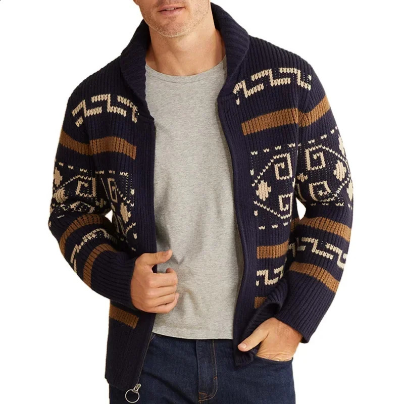 Cardigan Men Knitted Sweaters Zipper Coat Full Sleeve Turn Down Collar Print Knit Thick Slim Fit Coats Open Stitch Autumn Winter 260126