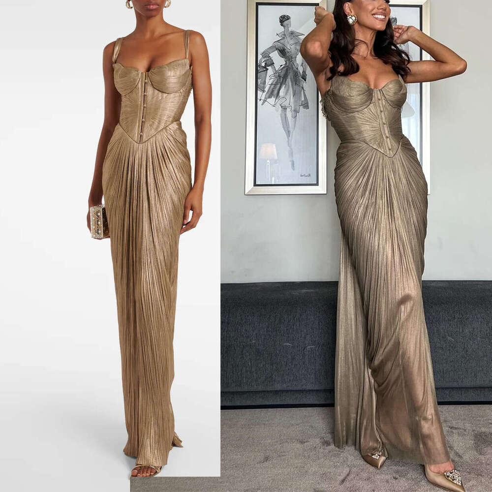 2026 European and American New Style Pleated Gold-Embossed Tie-Waist Dress INS Casual Party Slit Women's Gown