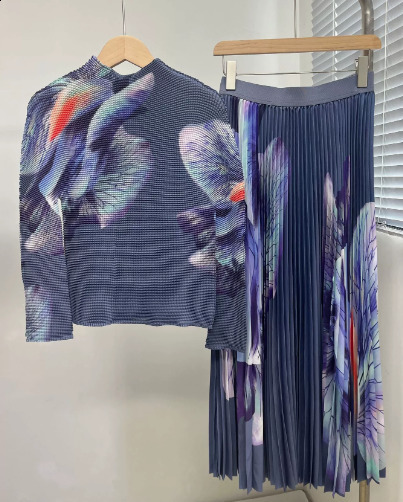 Miyake Pleated Suit Slim Western Print Stand Collar Long Sleeve TopLoose Casual Party two pieces women skirt set 240814
