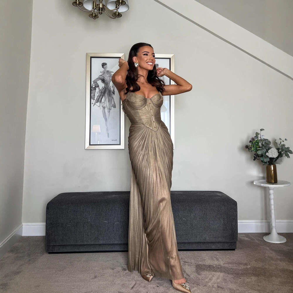 2026 European and American New Style Pleated Gold-Embossed Tie-Waist Dress INS Casual Party Slit Women's Gown
