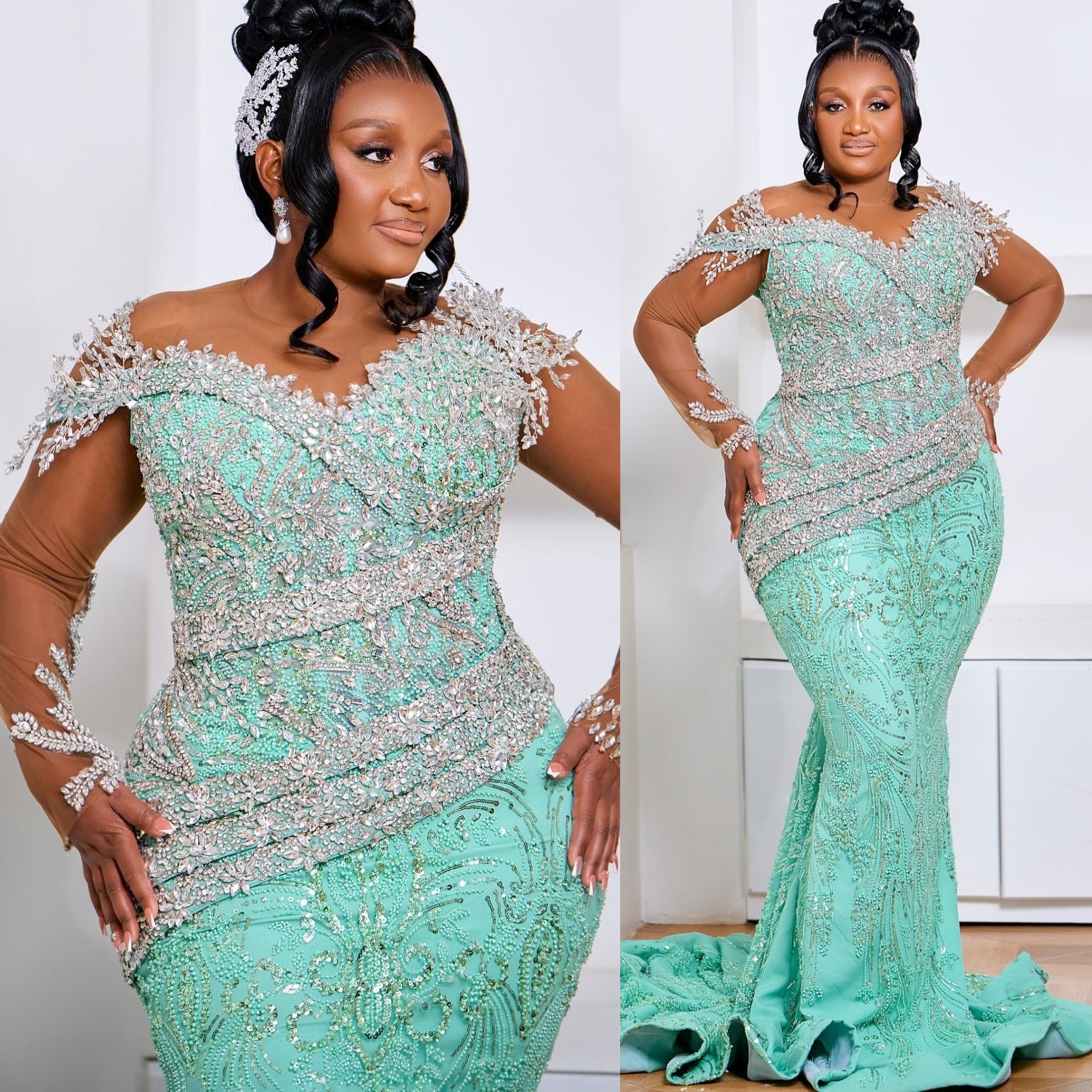 Aso Ebi Mint Mermaid Prom Dresses 2026 Beaded Crystals Sheer Neck Sparkly Evening Formal Party Second Birthday Engagement Gowns Dress For Special Occa