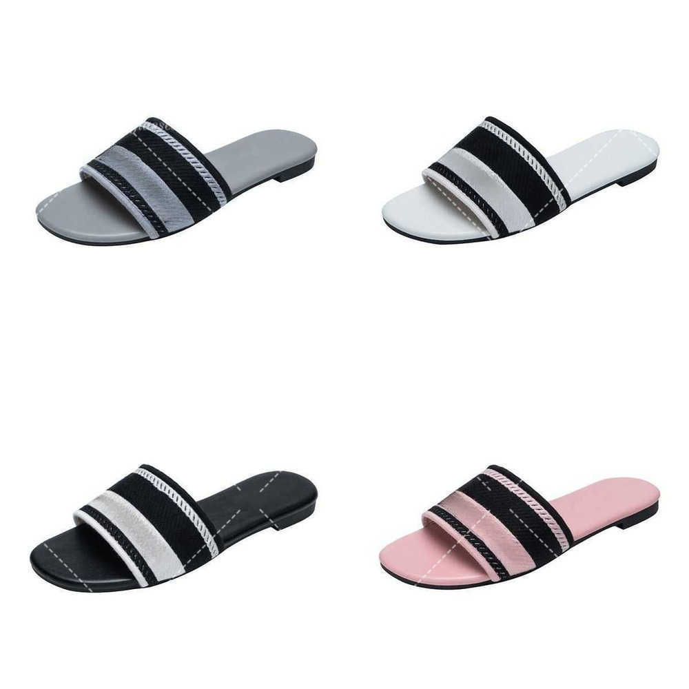 Hot 2026 Paris Embroidered Dazzle Designer Slippers Womens Sandals Summer Beach Stripes Casual Flat Slippers Sliders women ladies flip flops Embroidery Mules AAA