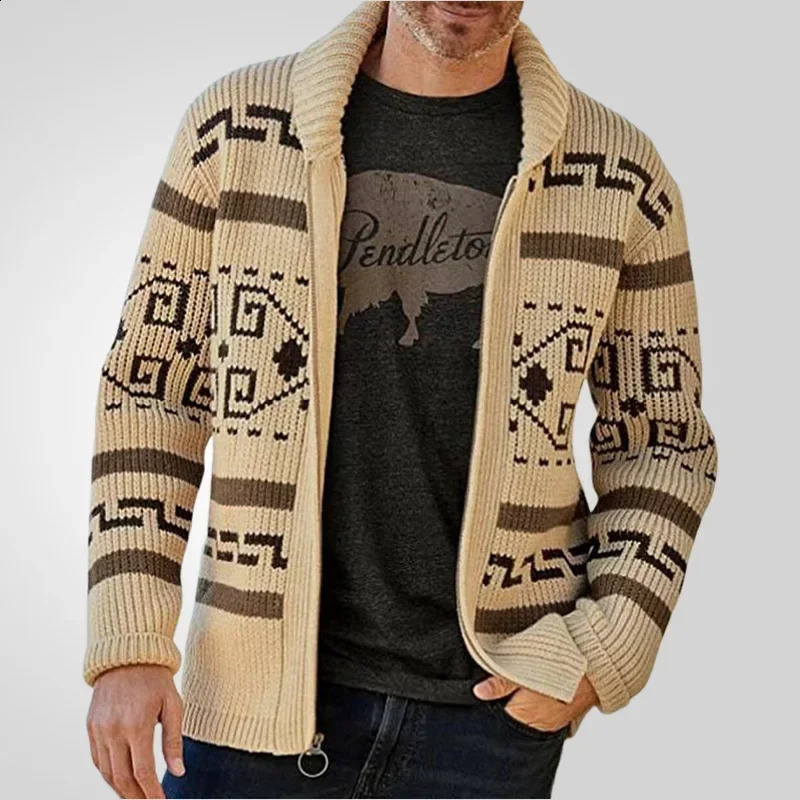Cardigan Men Knitted Sweaters Zipper Coat Full Sleeve Turn Down Collar Print Knit Thick Slim Fit Coats Open Stitch Autumn Winter 260126