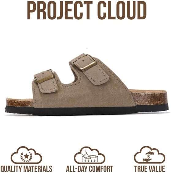 100% Genuine Leather Natural Cork Footbed Non-Slip Slides For Kids Lightweight - Water-Resistant Girls & Boys Sandals