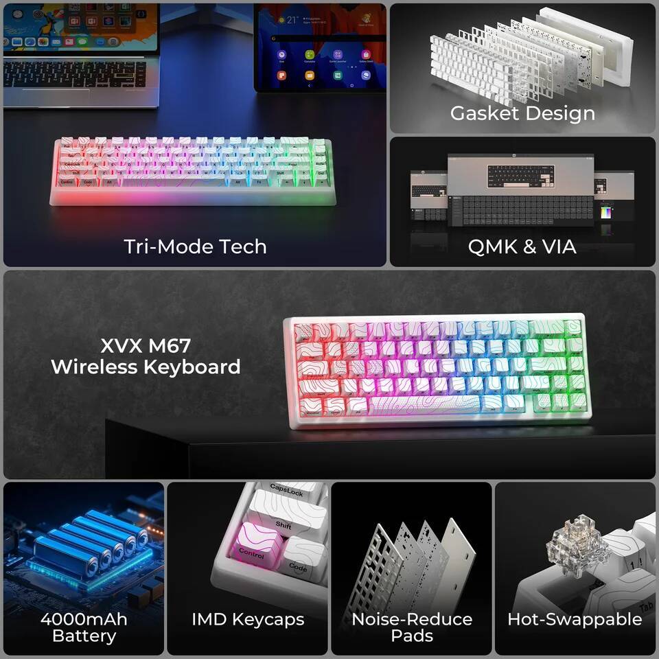 XVX M67 JadeStone Mechanical With IMD-Tech Keycaps Hot Swappable Gasket Tri-Mode Custom RGB Wireless Keyboard 65%