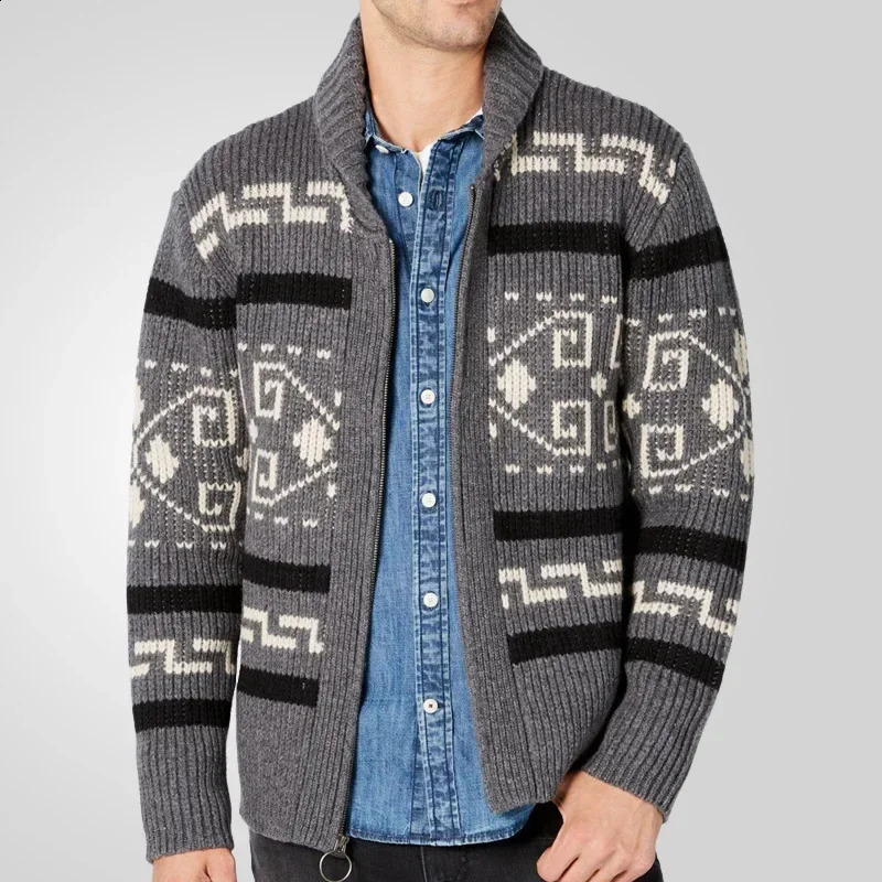 Cardigan Men Knitted Sweaters Zipper Coat Full Sleeve Turn Down Collar Print Knit Thick Slim Fit Coats Open Stitch Autumn Winter 260126