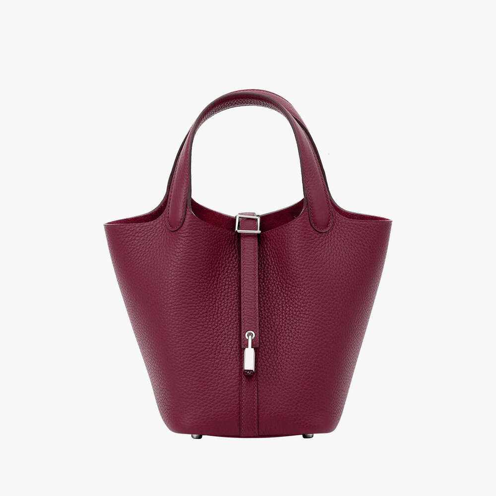 18Cm Basket-Style High-Quality Waxed Thread Handmade Genuine Leather Women's Bag, TC Cowhide Handbag, Lychee Pattern Bucket Bag Evergwish