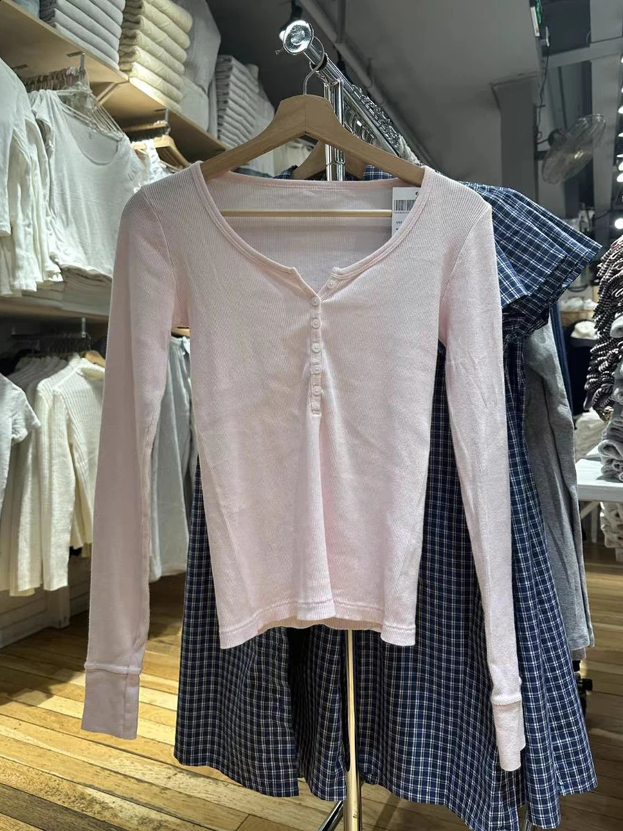 Six Buttons Ribbed Long Sleeve T-shirts Women Spring Round Neck Cotton Slim Tee Top Female Sweet Cute Pink Tshirt Y2k Tops 260124