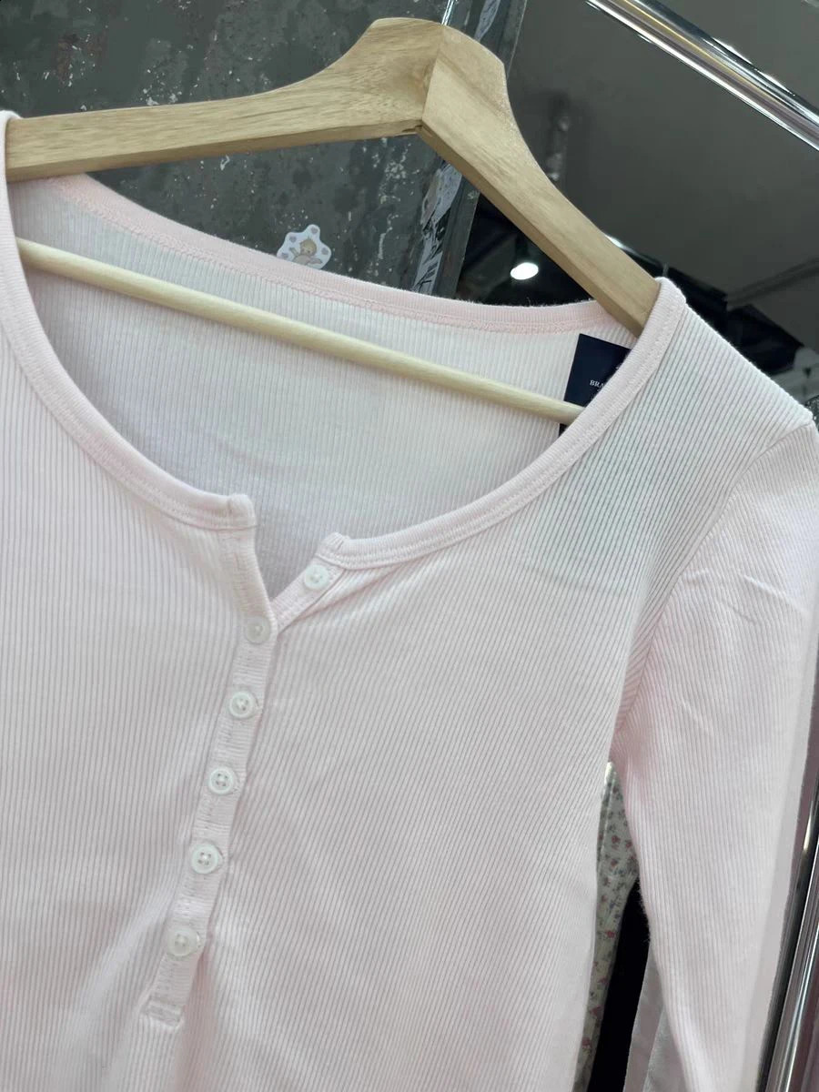 Six Buttons Ribbed Long Sleeve T-shirts Women Spring Round Neck Cotton Slim Tee Top Female Sweet Cute Pink Tshirt Y2k Tops 260124
