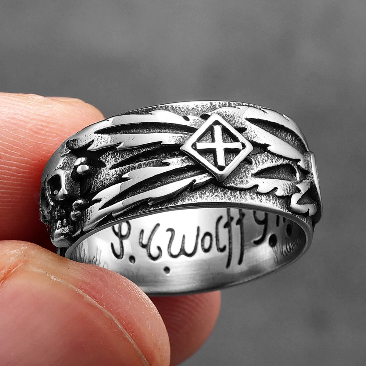 Wwii German Ww2 Ss Stainless Steel Eagle Bague Retro Ring Gothic Domineering Skull Devil Men Punk Rock Fashion Jewelry260202ww