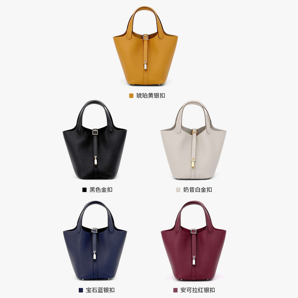 18Cm Basket-Style High-Quality Waxed Thread Handmade Genuine Leather Women's Bag, TC Cowhide Handbag, Lychee Pattern Bucket Bag Evergwish