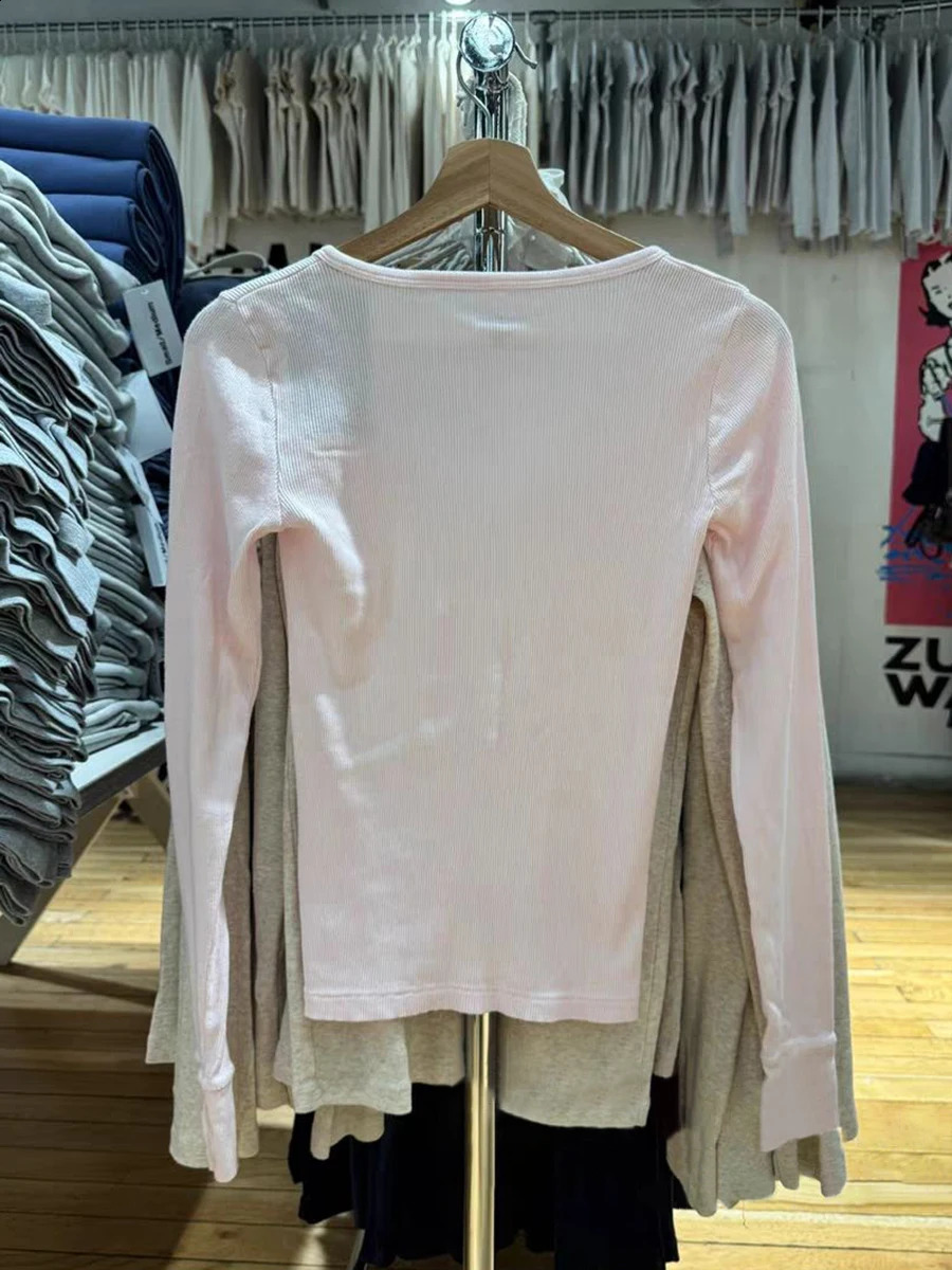 Six Buttons Ribbed Long Sleeve T-shirts Women Spring Round Neck Cotton Slim Tee Top Female Sweet Cute Pink Tshirt Y2k Tops 260124